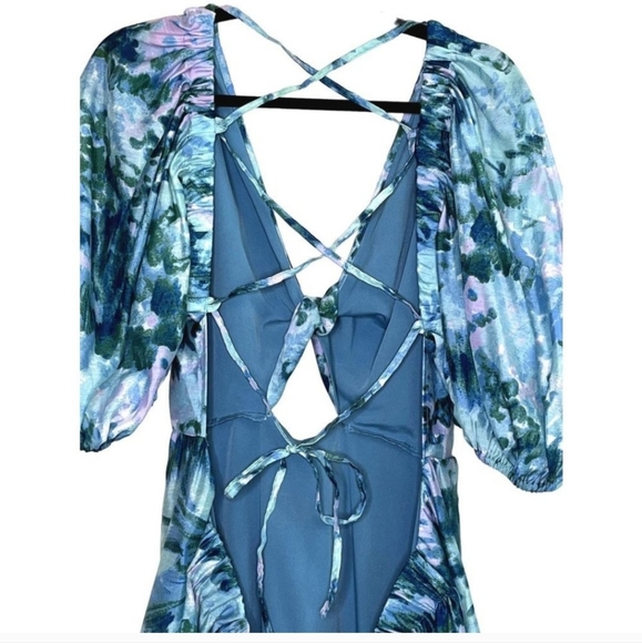 NWT Asos Design Blue Floral Tiered Voile Mini Dress Twist Front Size 14 - Picture 6 of 11